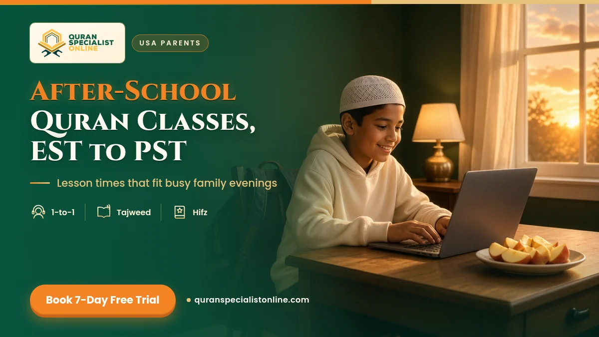 A boy in a kufi and hoodie, just home from school, smiles at a laptop during an after-school online Quran class at sunset.