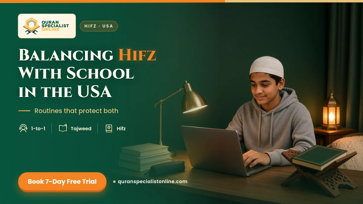 A teenage boy in a kufi works at his desk with school books on one side and a closed Quran on a wooden stand on the other.