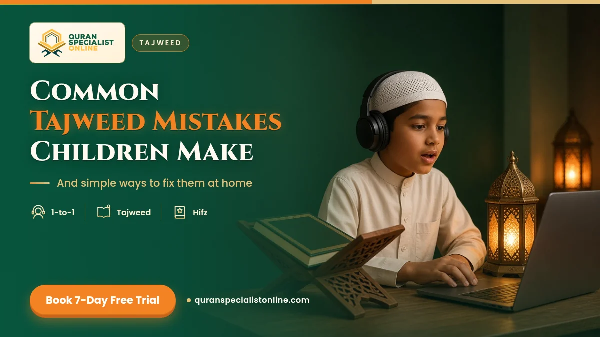 A boy wearing headphones and a kufi recites aloud during an online Tajweed lesson, with a closed Quran on a wooden stand and a glowing lantern.