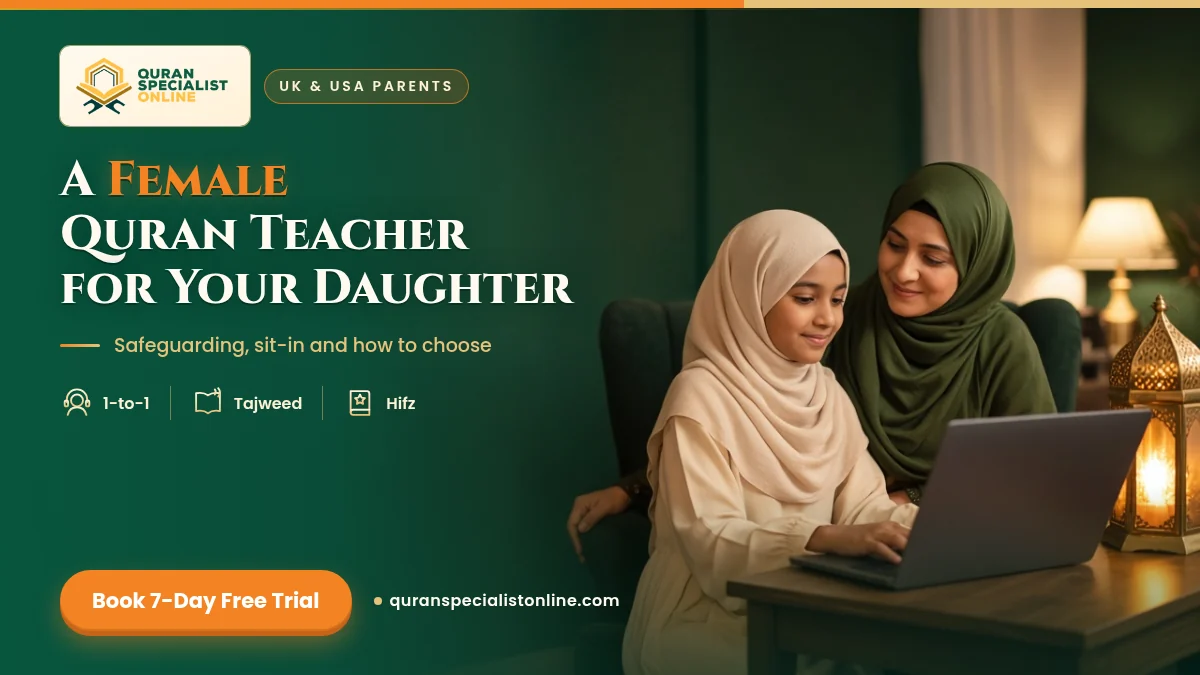 A girl in a cream hijab takes an online Quran lesson on a laptop while her mother sits in nearby, smiling.
