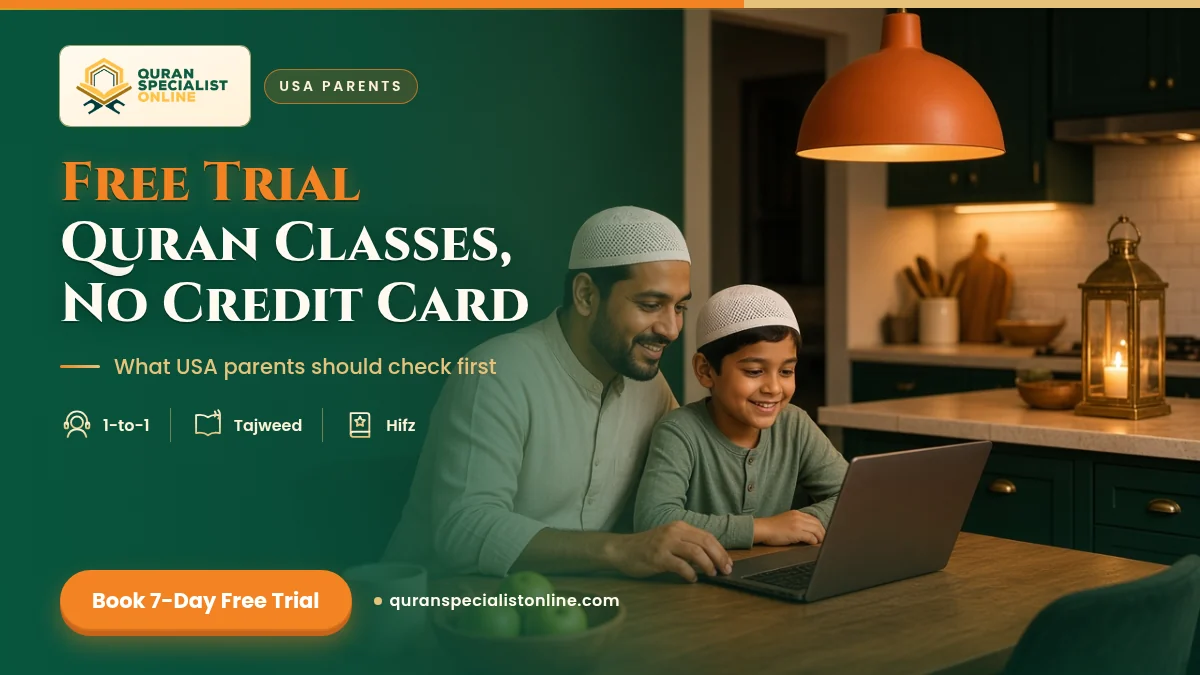 A father and his young son, both in white kufis, smile at a laptop at the kitchen table as they start a free trial online Quran class.