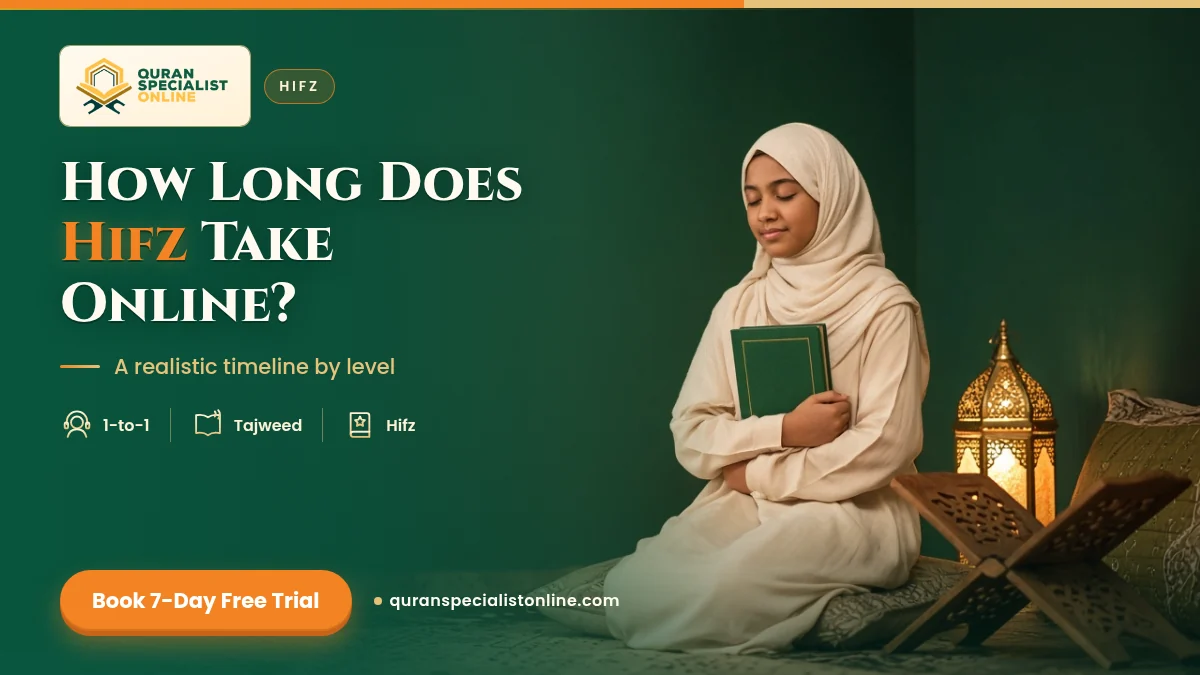 A teenage girl in a cream hijab holds a closed Quran to her chest with eyes closed, revising from memory by lantern light.
