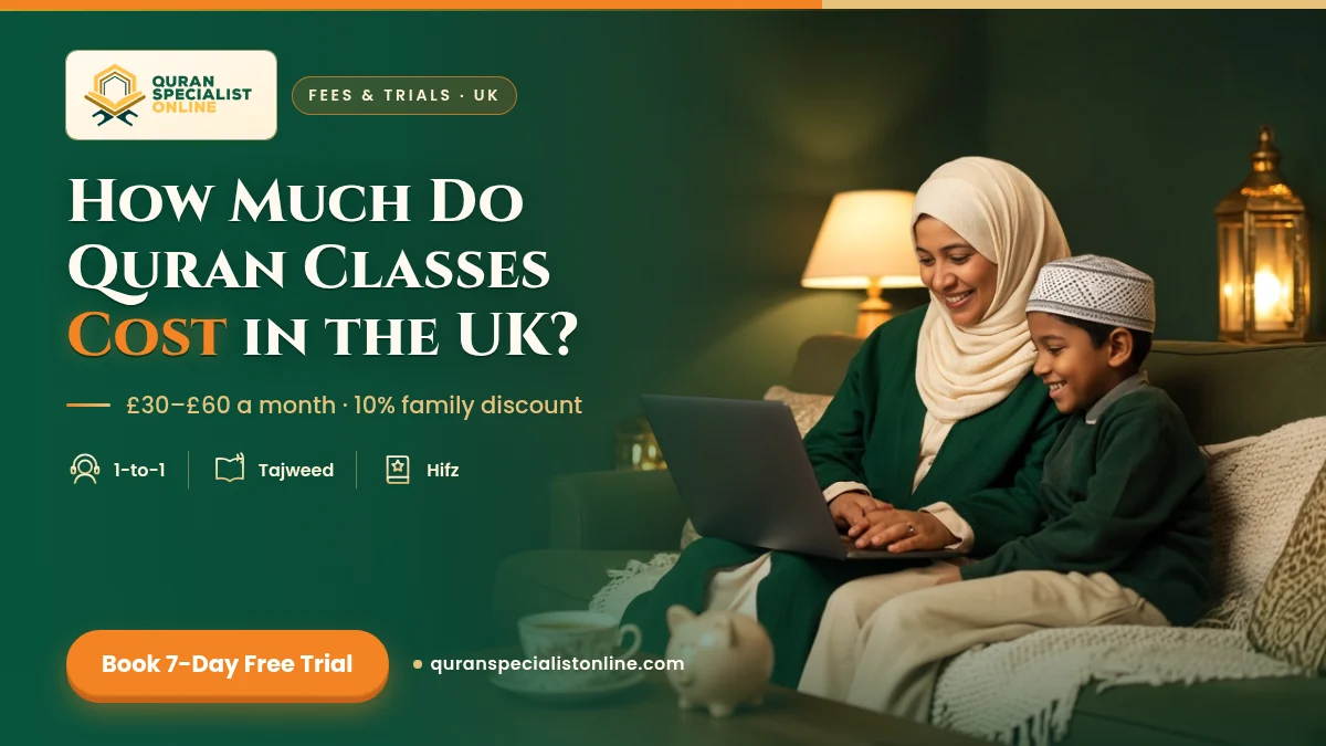 A mother in a hijab and her son smile at a laptop on the sofa as they choose an online Quran class plan, with a piggy bank on the table.