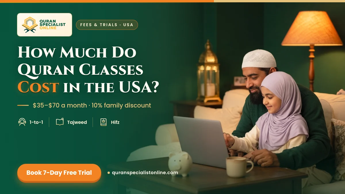 A father in a kufi and his daughter in a lilac hijab smile at a laptop as they plan her online Quran lessons, with a piggy bank on the table.