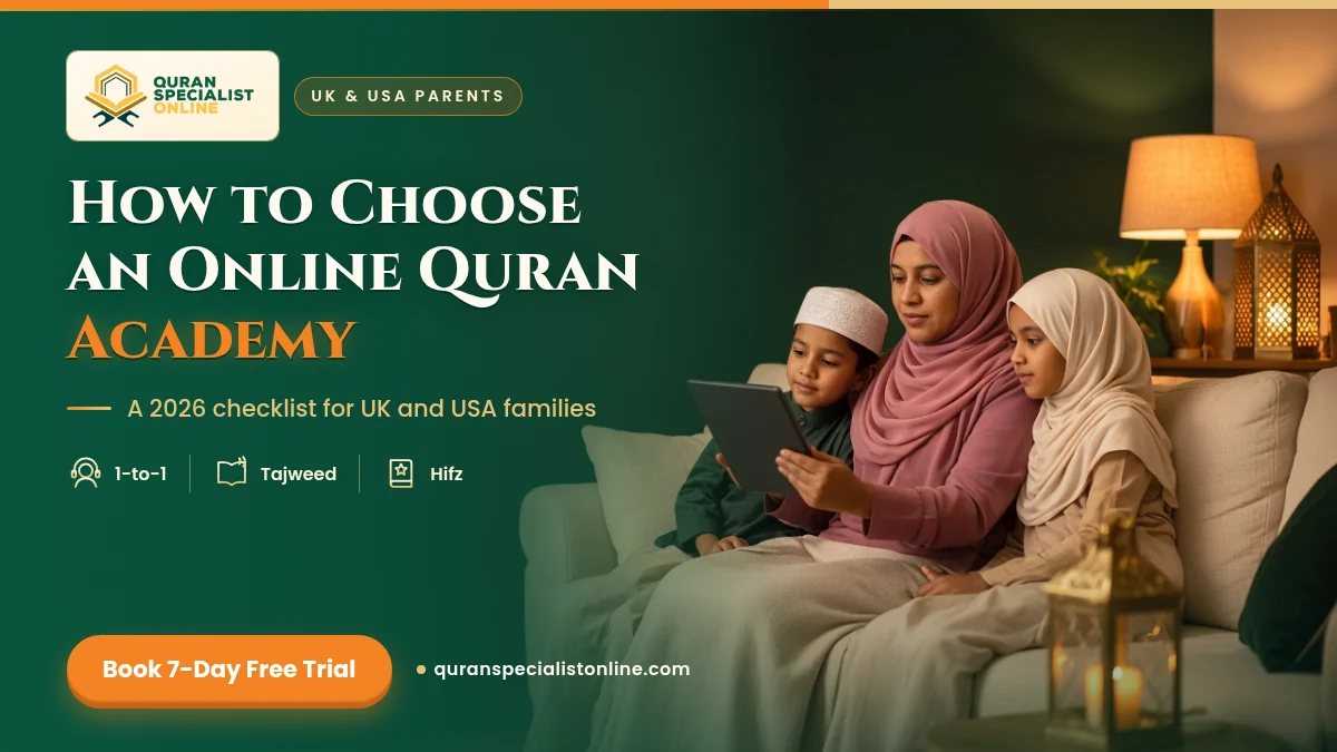 A mother in a rose hijab reads on a tablet on the sofa while her son and daughter lean in, choosing an online Quran academy together.