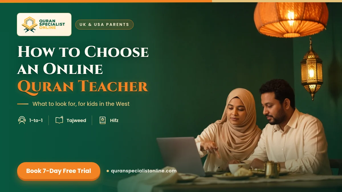 A Muslim mother and father sit together at a laptop, comparing online Quran teachers for their child.