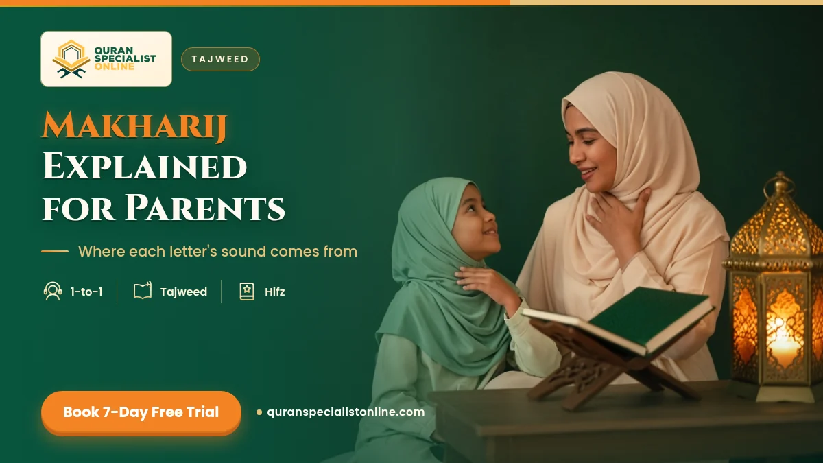 A mother in a hijab touches her throat to show where a sound comes from, and her daughter copies her as they practise pronunciation together.