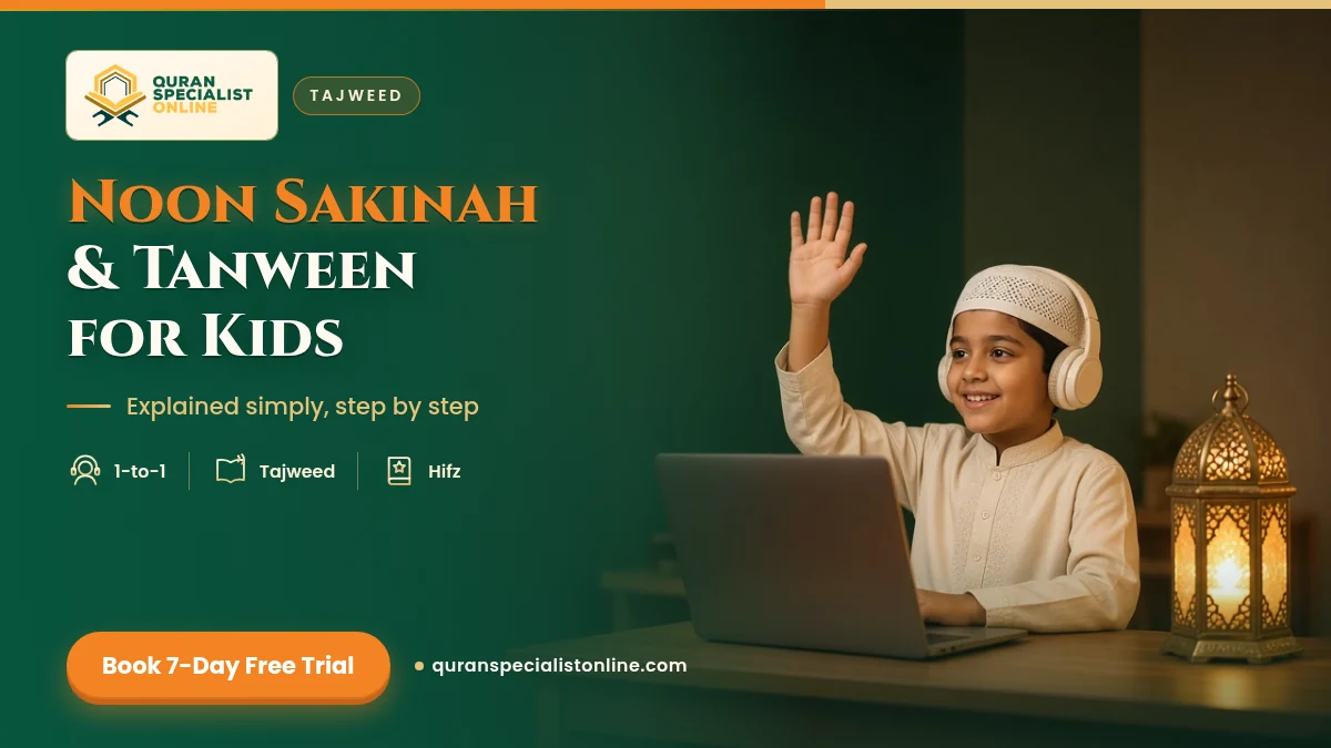 A cheerful boy in a kufi and headphones raises his hand to answer during an online Tajweed lesson on a laptop.