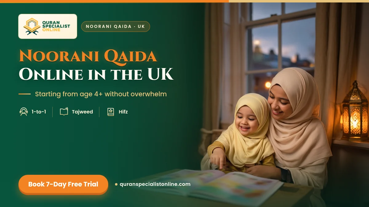 A little girl in a yellow hijab sits on her smiling mother's lap and points happily at a colourful beginner's book.