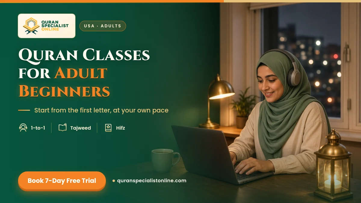 A woman in a green hijab and headphones smiles as she starts an online Quran class for adult beginners at her desk, with city lights outside.