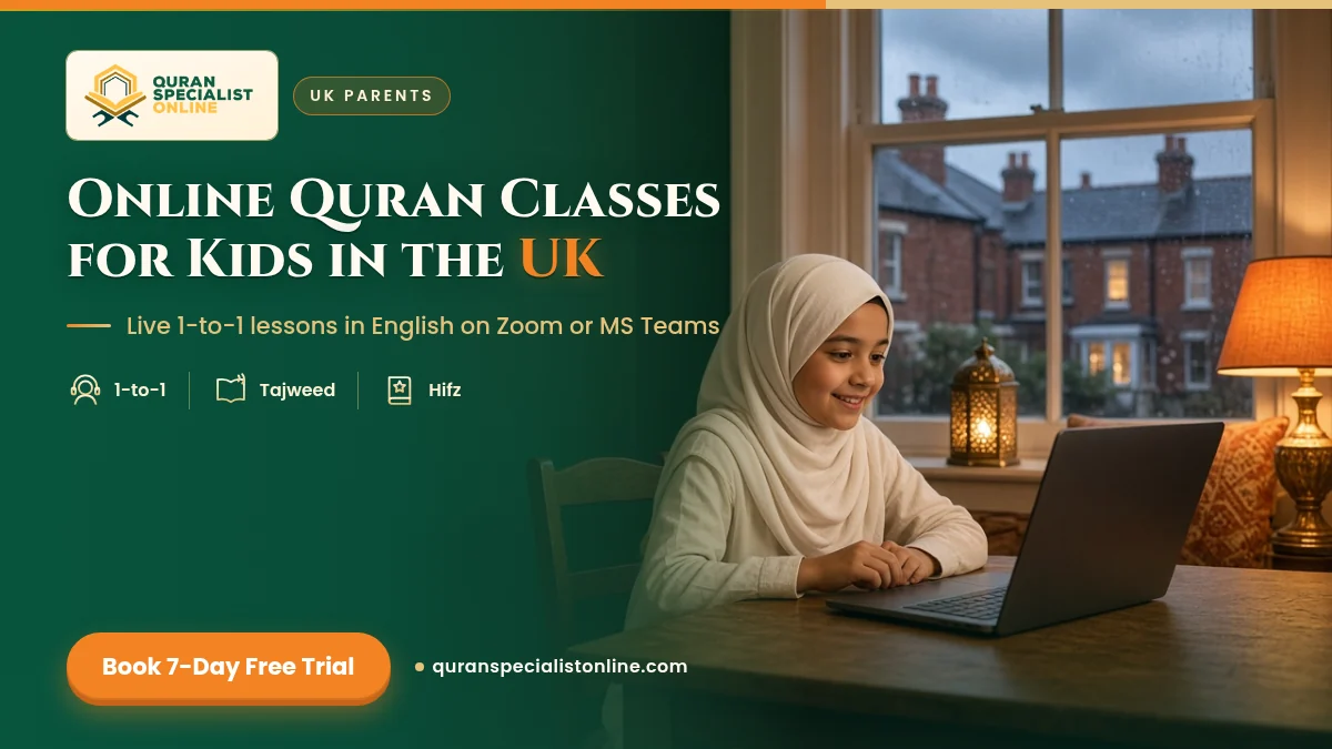 A smiling girl in a cream hijab joins a live online Quran lesson on a laptop at home in the UK, with a lantern glowing and rain on the window.