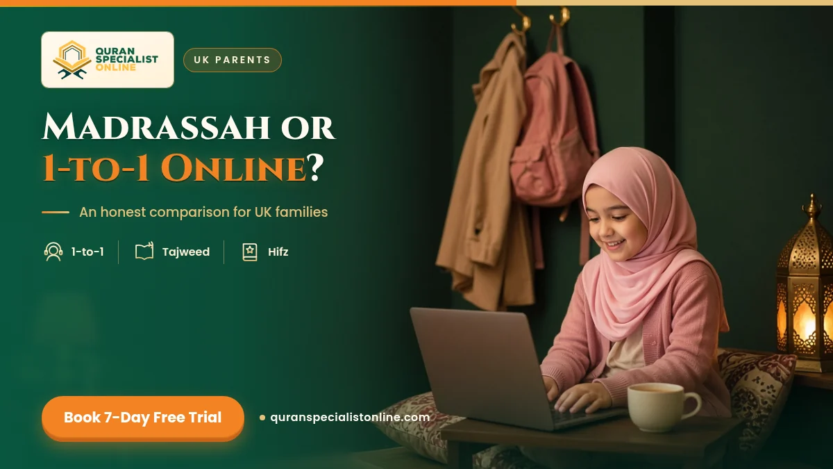 A young girl in a pink hijab learns Quran online on a laptop at home, with her school bag hanging behind her.