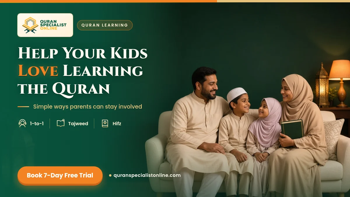 A smiling Muslim family of four sits together on a cream sofa, the mother holding a closed Quran, sharing a warm moment.