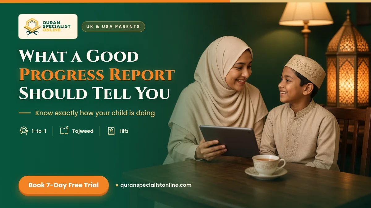 A mother in a cream hijab holds a tablet and smiles proudly at her son after reading his Quran class progress report.