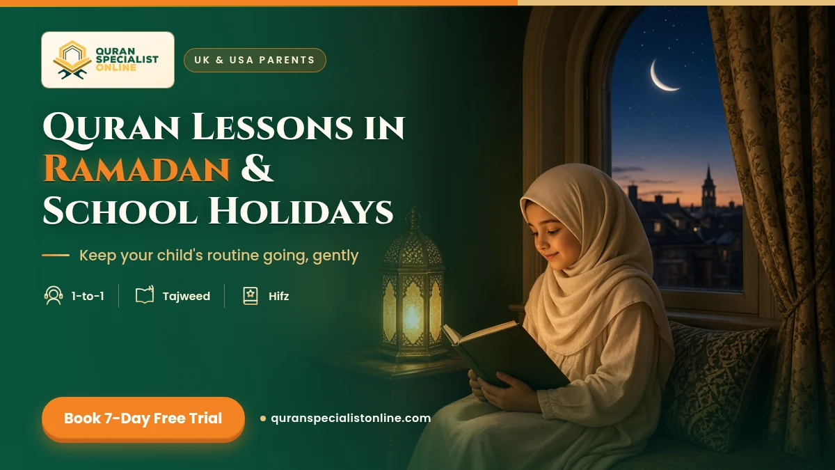 A girl in a cream hijab reads by lantern light in a window seat at home, with a crescent moon over the rooftops outside.