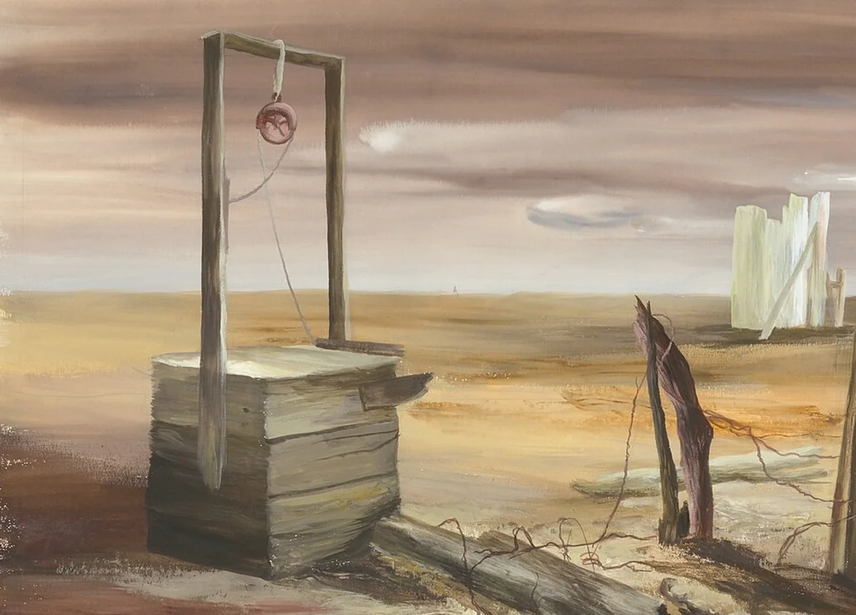 Islamic Stories A painting of an old wooden well with a rope and pulley standing alone in a dry, empty desert under a cloudy sky