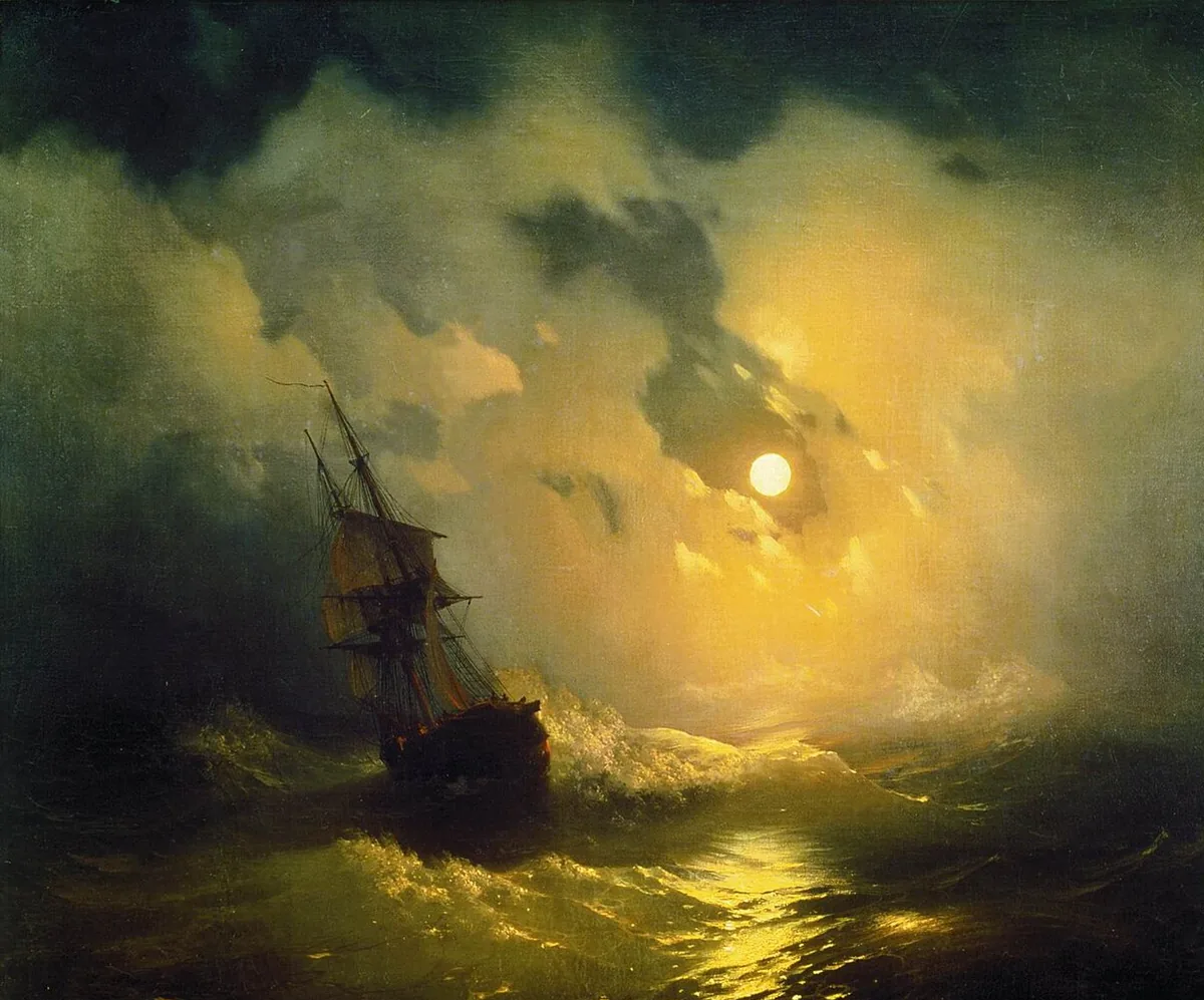 Islamic Stories A sailing ship tossed by huge waves on a stormy sea at night under a full moon