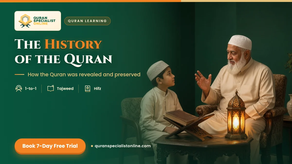 A grandfather with a white beard tells his grandson a story beside a closed old book on a carved wooden stand and a glowing lantern.