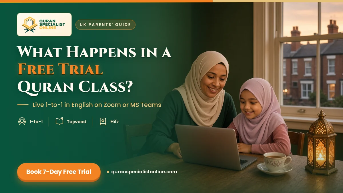A mother in a hijab and her daughter in a pink hijab smile at a laptop during a free trial online Quran class in a UK home, with terraced houses outside.