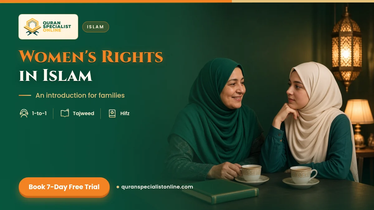 A mother in an emerald hijab and her teenage daughter share tea and a warm conversation at a table with a closed book.