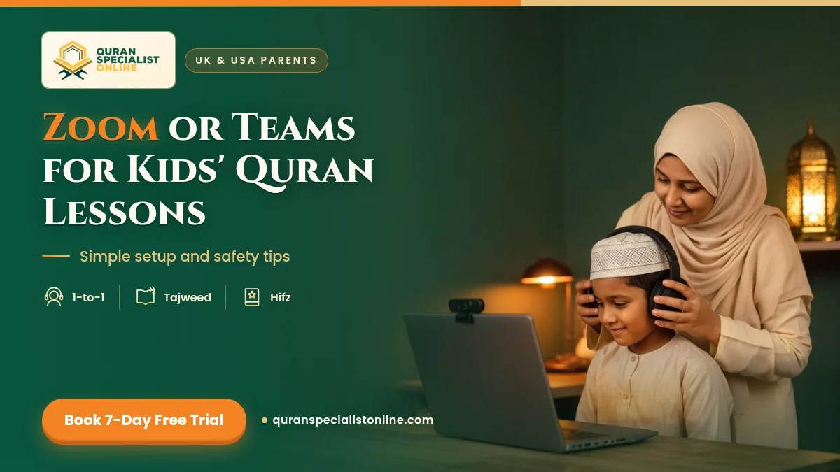 A mother in a hijab helps her son put on headphones before his online Quran lesson on a laptop with a webcam.